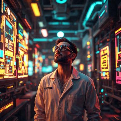 The primary subject of the image is a man wearing a white lab coat, standing in a futuristic setting. The man is surrounded by a variety of screens and monitors, which create a visually stimulating environment. The setting appears to be a futuristic laboratory or a space station, with a mix of neon colors and a sense of technology. The visual style of the image is a combination of photo and digital art, creating a unique and captivating atmosphere.
